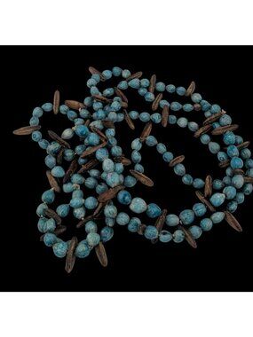 Vintage Blue Dyed Natural Seed Beaded Necklace With Brown Accents